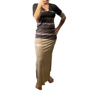 C&C California Black/Brown Tie Dye Maxi Dress Side Slits Boho Hippie Festival Sz